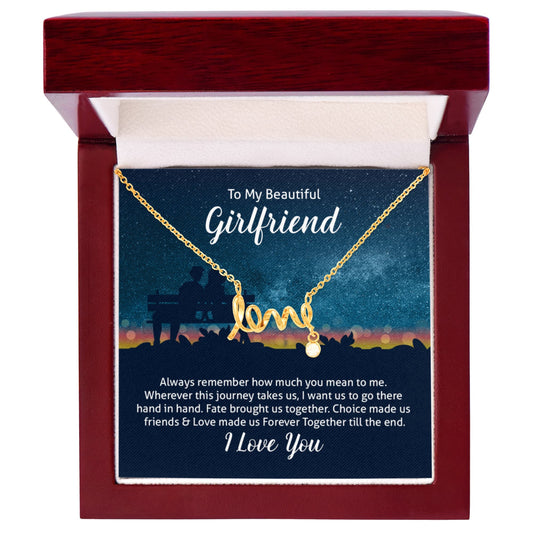 Beautiful Girlfriend Cursive Love Necklace in gold finish with "love" pendant in gift box