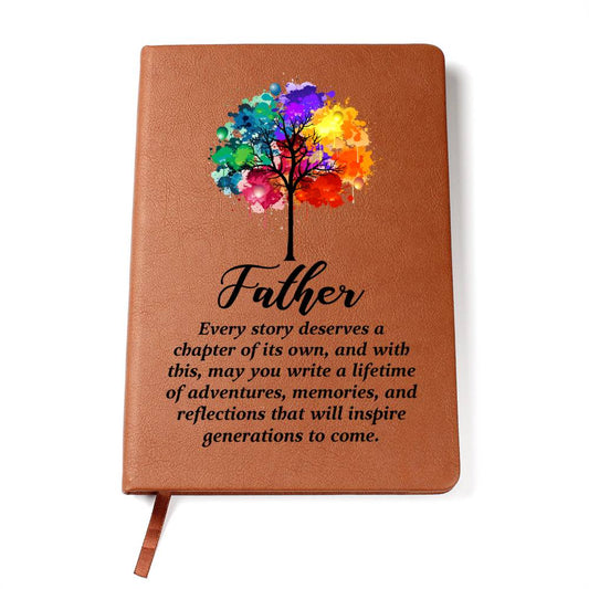 Fathers Legacy Journal vegan leather notebook with colorful Tree of Life design and inspirational message for dads
