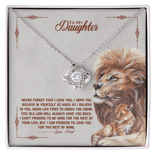 Love Knot Necklace with cubic zirconia pendant in gift box for daughter with lion artwork and loving message from dad
