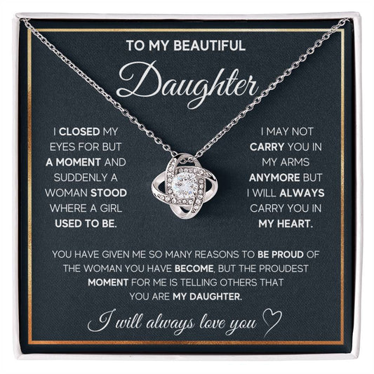 Love Knot Necklace with cubic zirconia pendant on silver chain in gift box, sentimental message for daughter