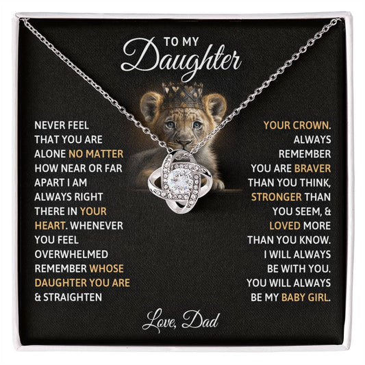 Love Knot Necklace gift for daughter with lion cub design and inspirational message from Dad in a black gift box