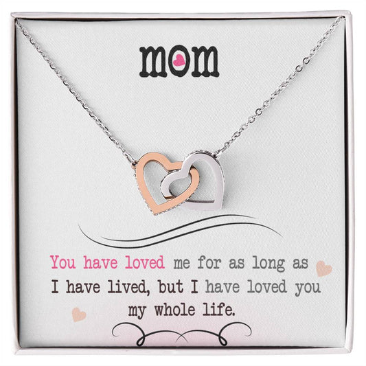 Interlocking Hearts necklace with two-tone heart pendants in gift box for mom with love message