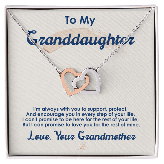 Interlocking Hearts necklace gift for granddaughter with two-tone heart pendants in a jewelry box with loving message from grandmother