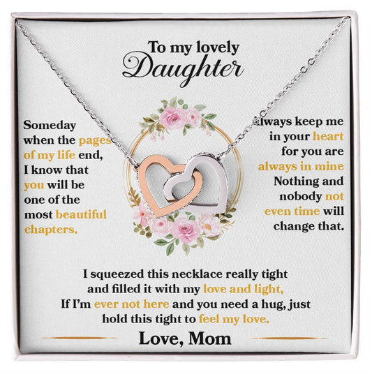 Interlocking Hearts necklace with two heart pendants, rose gold and silver finish, gift box with loving message for daughter from mom