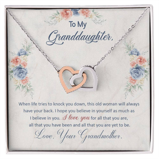 Interlocking Hearts necklace with rose gold and silver hearts in gift box for granddaughter