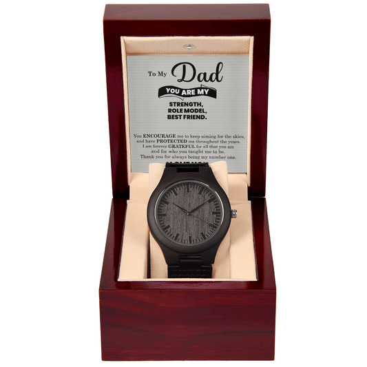 Wooden watch with black sandalwood case and leather strap in gift box for dad with gratitude message