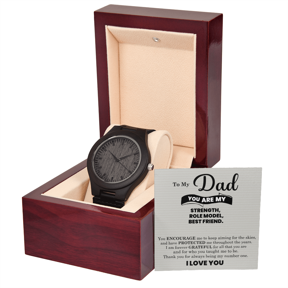 wooden watch with black leather band in gift box with "To My Dad" message card