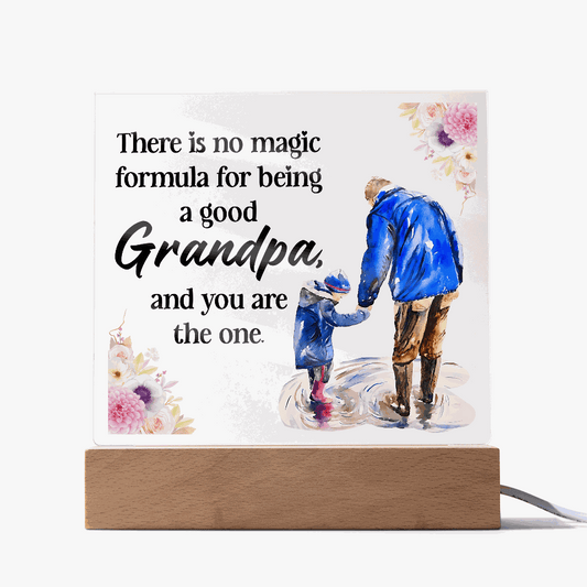 Printed square acrylic plaque with grandpa quote and wooden LED base