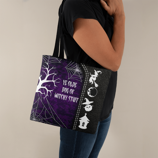 Ye Olde Bag Of Witchy Stuff tote bag with witch-themed design, black straps, and Halloween icons