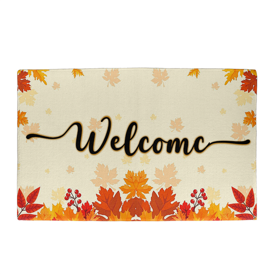 Fall welcome mat with autumn leaves and "Welcome" text design