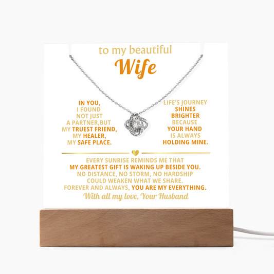 Keepsake acrylic with love knot necklace on wooden LED base, personalized message for wife gift