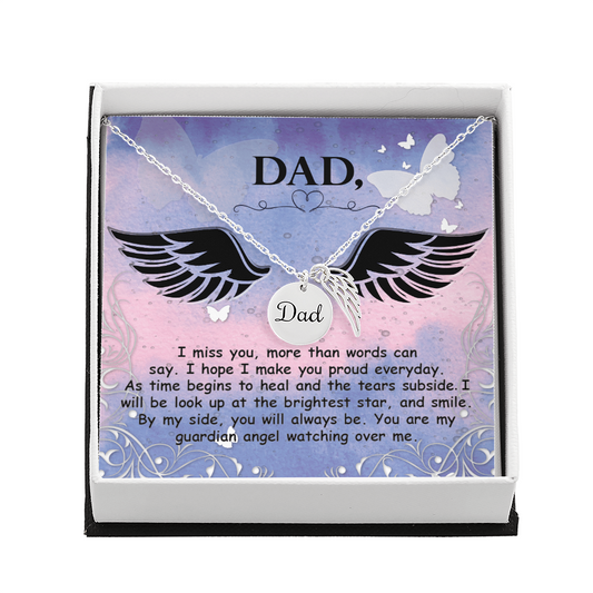 I Miss You Dad Memorial Necklace with engraved coin and angel wing pendant in gift box
