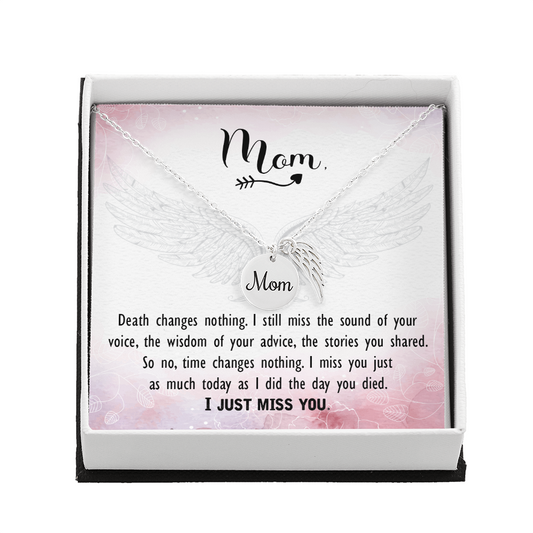 Mom Memorial Necklace with engraved coin and angel wing pendant in gift box with heartfelt message