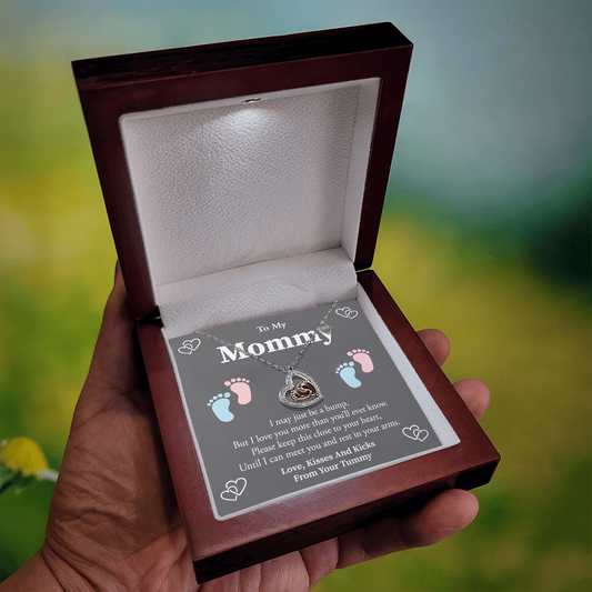 Baby Feet Heart Necklace in rose gold with cubic zirconia in a gift box for new moms