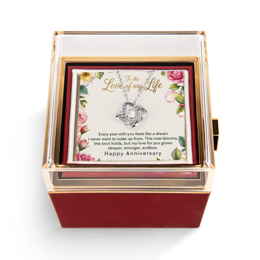 Love Knot Necklace in gift box with preserved rose and anniversary message